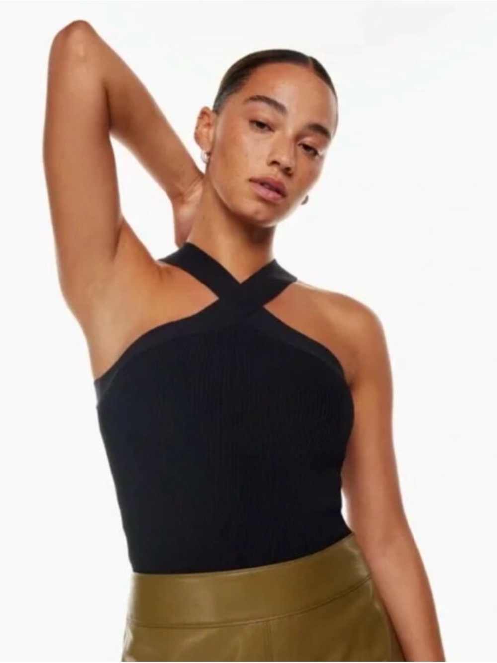 Aritzia Babaton Sculpt Knit Criss Cross Black Ribbed Crop Tank